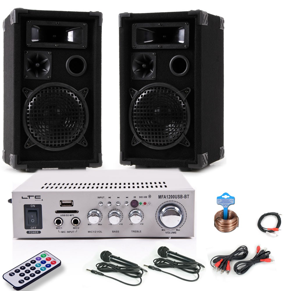 Anlage mit Bluetooth Verstärker Boxen und zwei Mikros DJ-211 – Bild 1