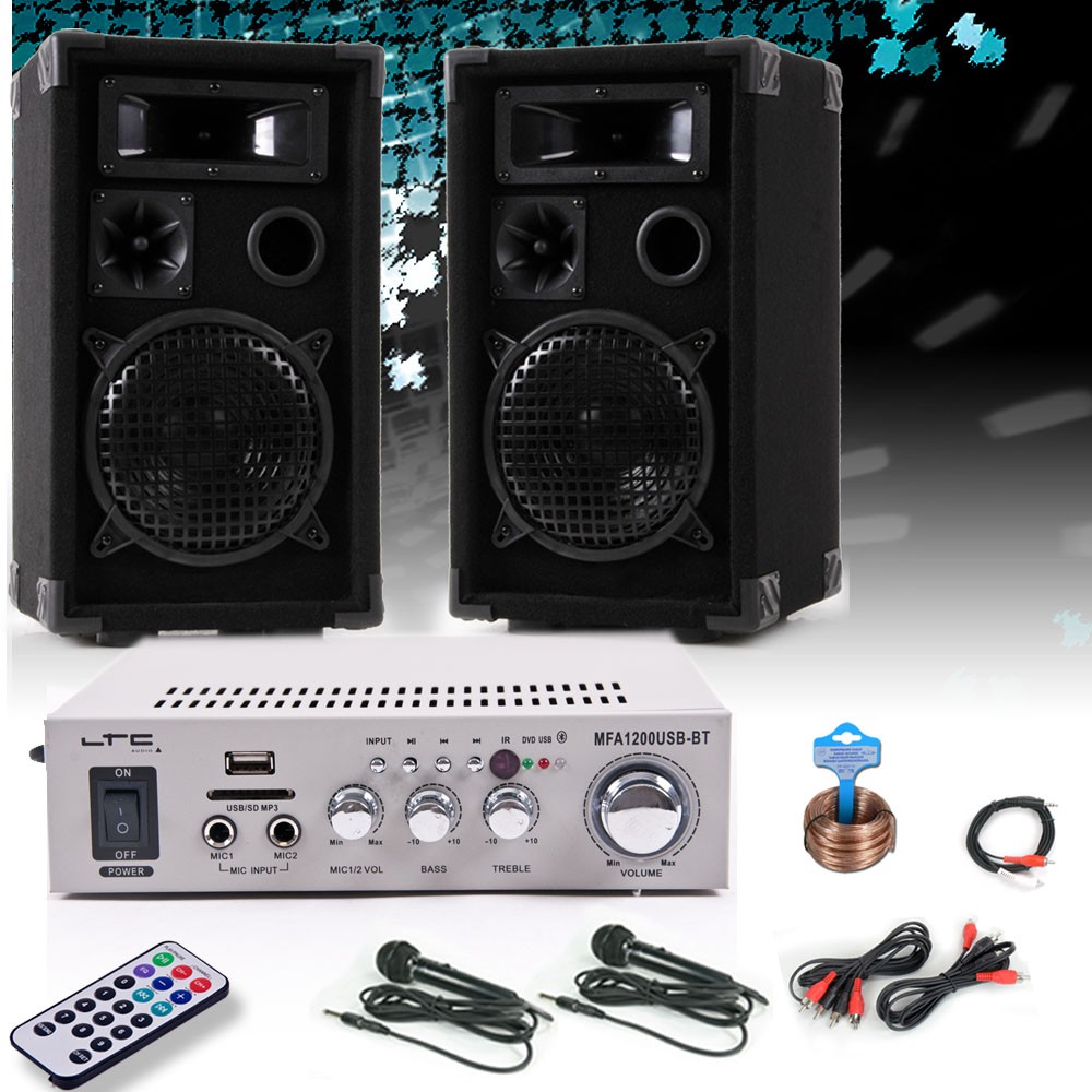 Anlage mit Bluetooth Verstärker Boxen und zwei Mikros DJ-211 – Bild 2