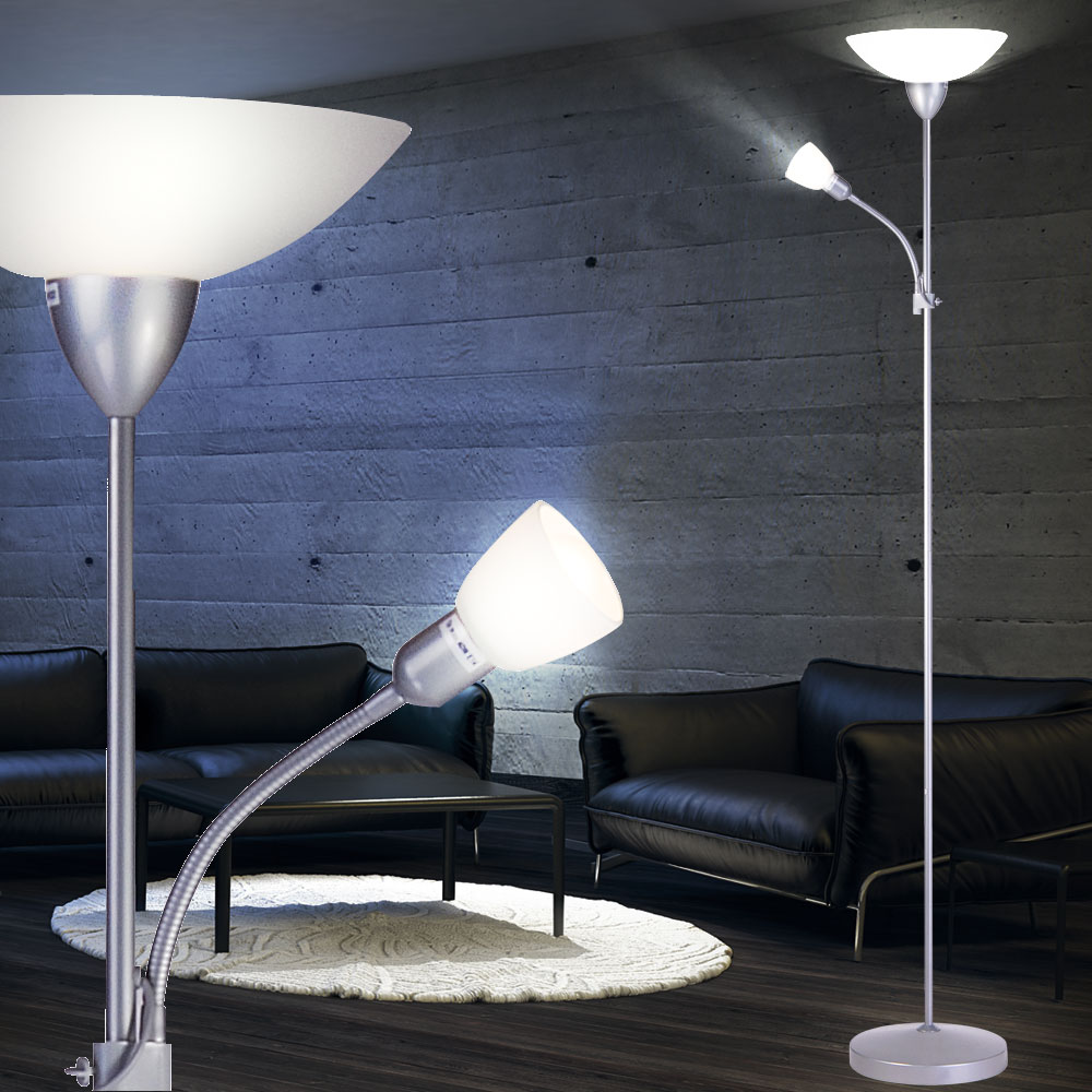 Deckenfluter aus silbernem Metall mit Leselampe – Bild 4