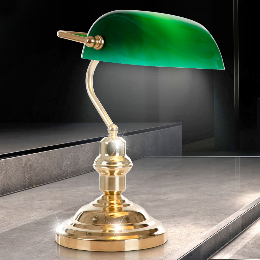 Antike Schreibtischlampe aus Metall Messing mit grünem Glas – Bild 2